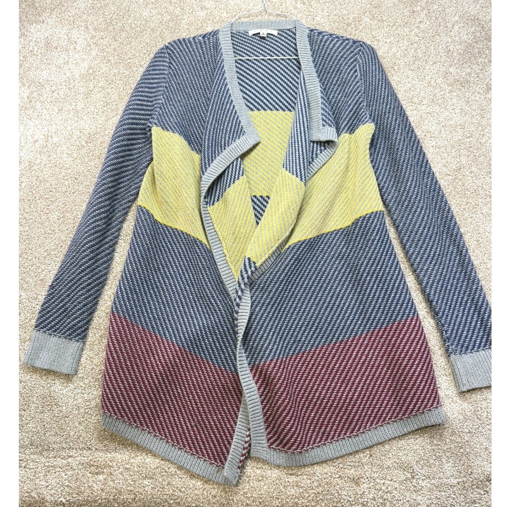 Cabi Women Blue Yellow Colorblock Open Front Cotton Knit‎ Cardigan Sweater S